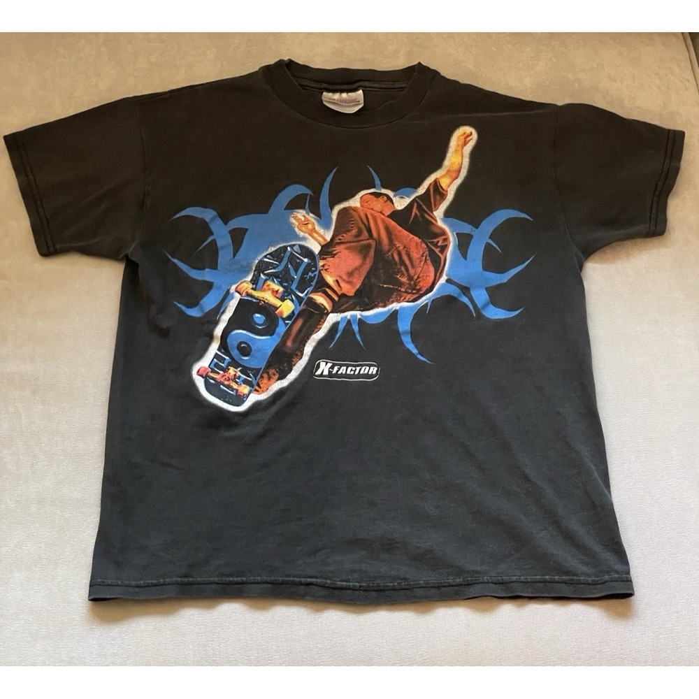 Vintage Y2K Skate X-Factor T-shirt Youth Size‎ Medium 10-12 Black Yin Yang 90s